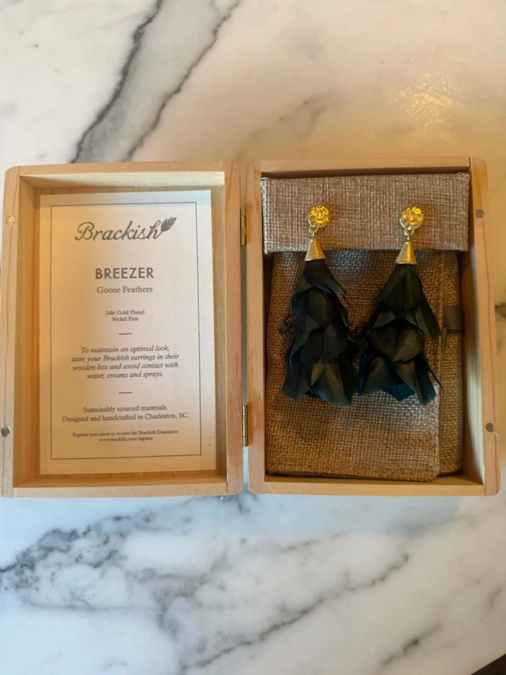 Brackish Breezer Goose Feather Teal Drop Earrings  New in Box - Picture 3 of 4